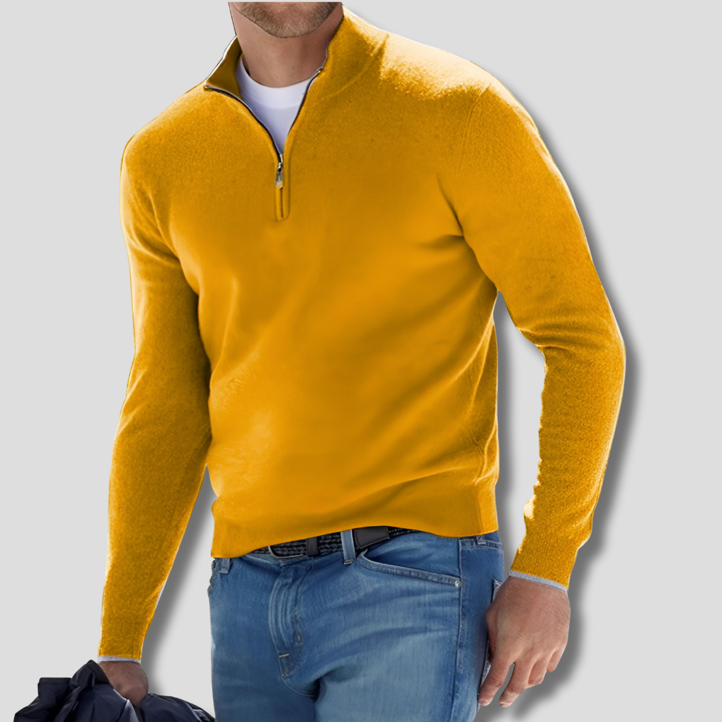 Heren katoenen trui met gebreide textuur en ritskraag detail, voor een modieuze en comfortabele look.