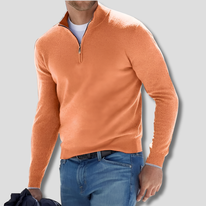 Veelzijdige heren trui: gebreid katoen met ritskraag, perfect voor een casual of smart-casual outfit.