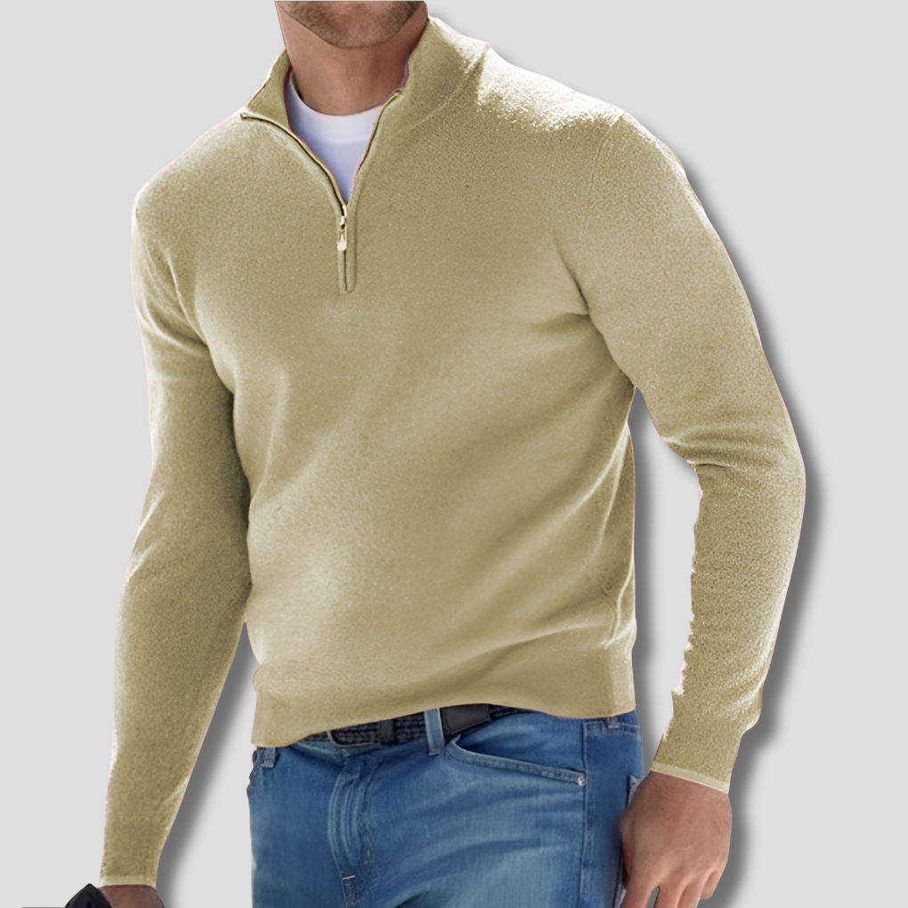 Essentiële herfst/winter trui: gebreide heren pullover van katoen met handige ritskraag.
