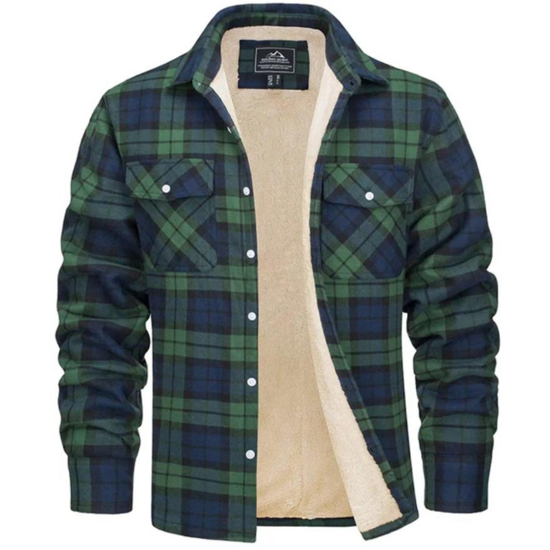 Warme pluche voering van deze comfortabele heren geruite winterjas, perfect tegen de kou.