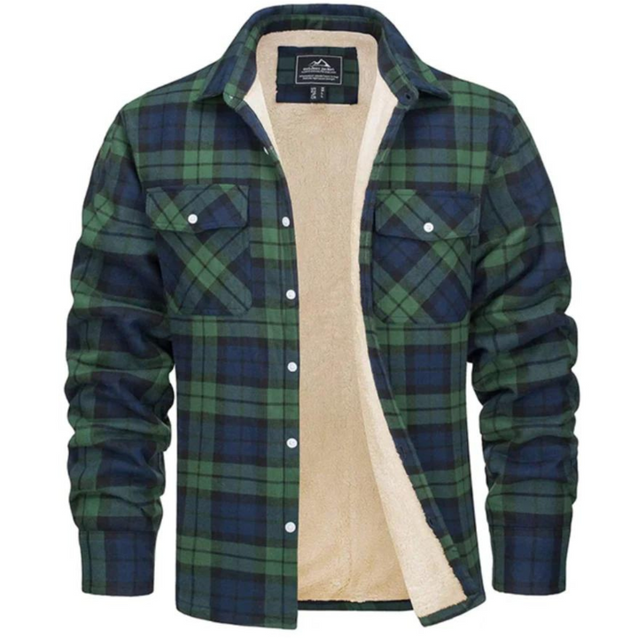 Warme pluche voering van deze comfortabele heren geruite winterjas, perfect tegen de kou.