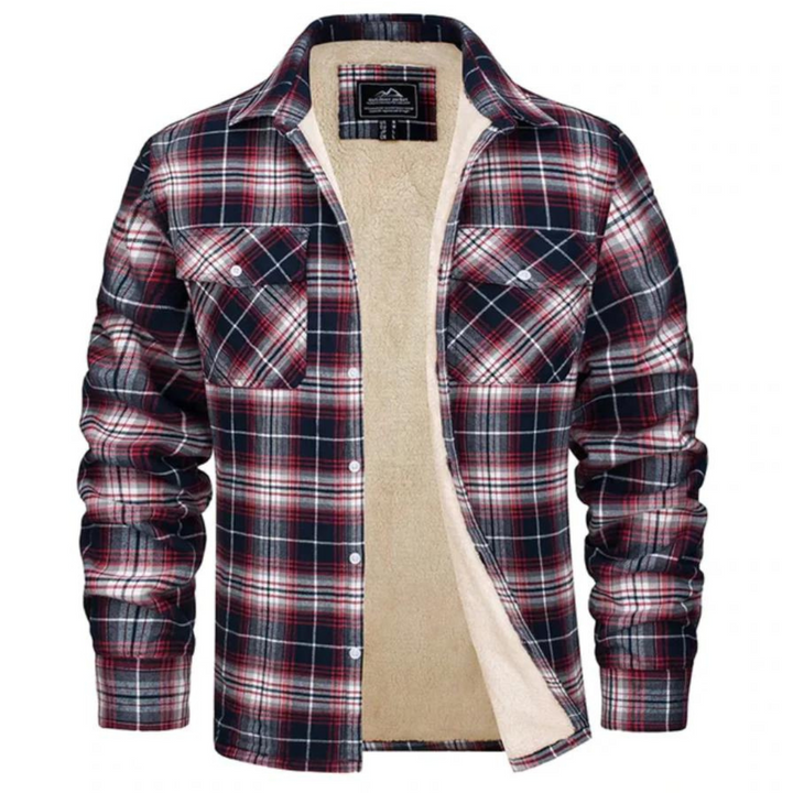 Stijlvolle heren geruite winterjas met trendy plaid patroon en zachte pluche voering, herenmode.