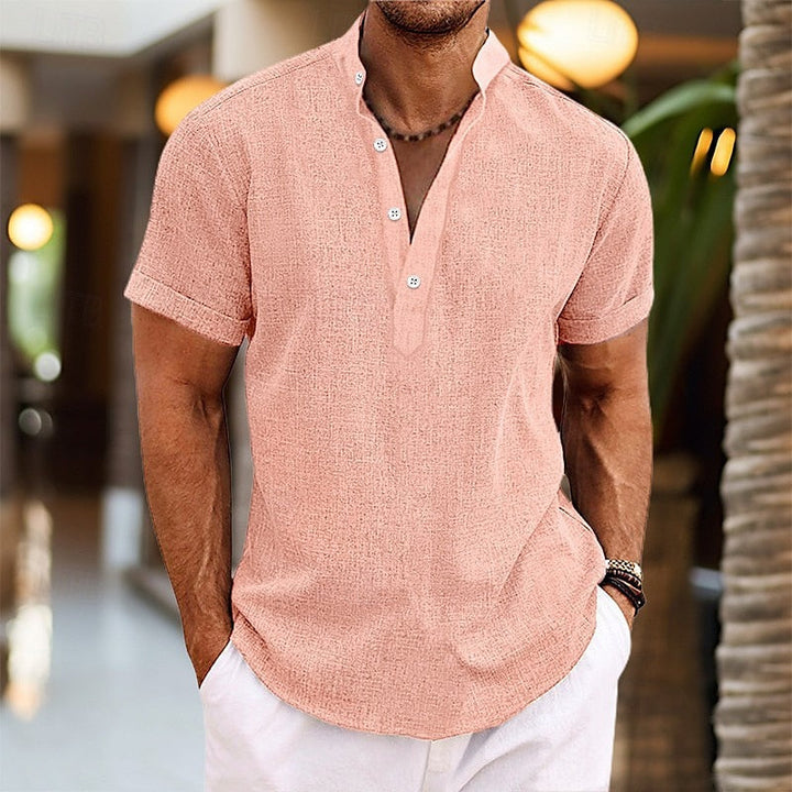 Heren Henley shirt korte mouw, casual met bandkraag, comfortabele relaxte pasvorm voor zomer en vrije tijd.