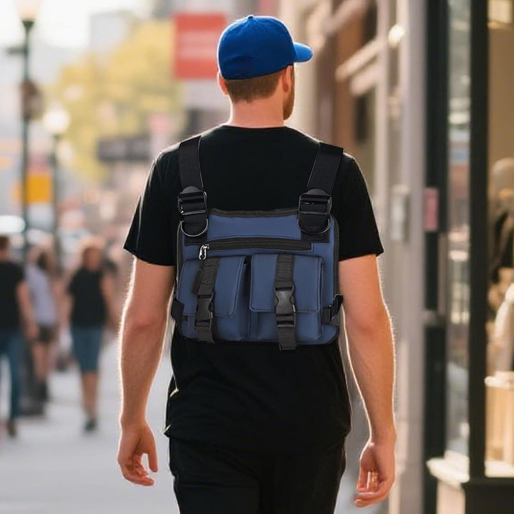Zwart heren sportvest van Oxfordstof, lichtgewicht en multifunctioneel voor outdoor.
