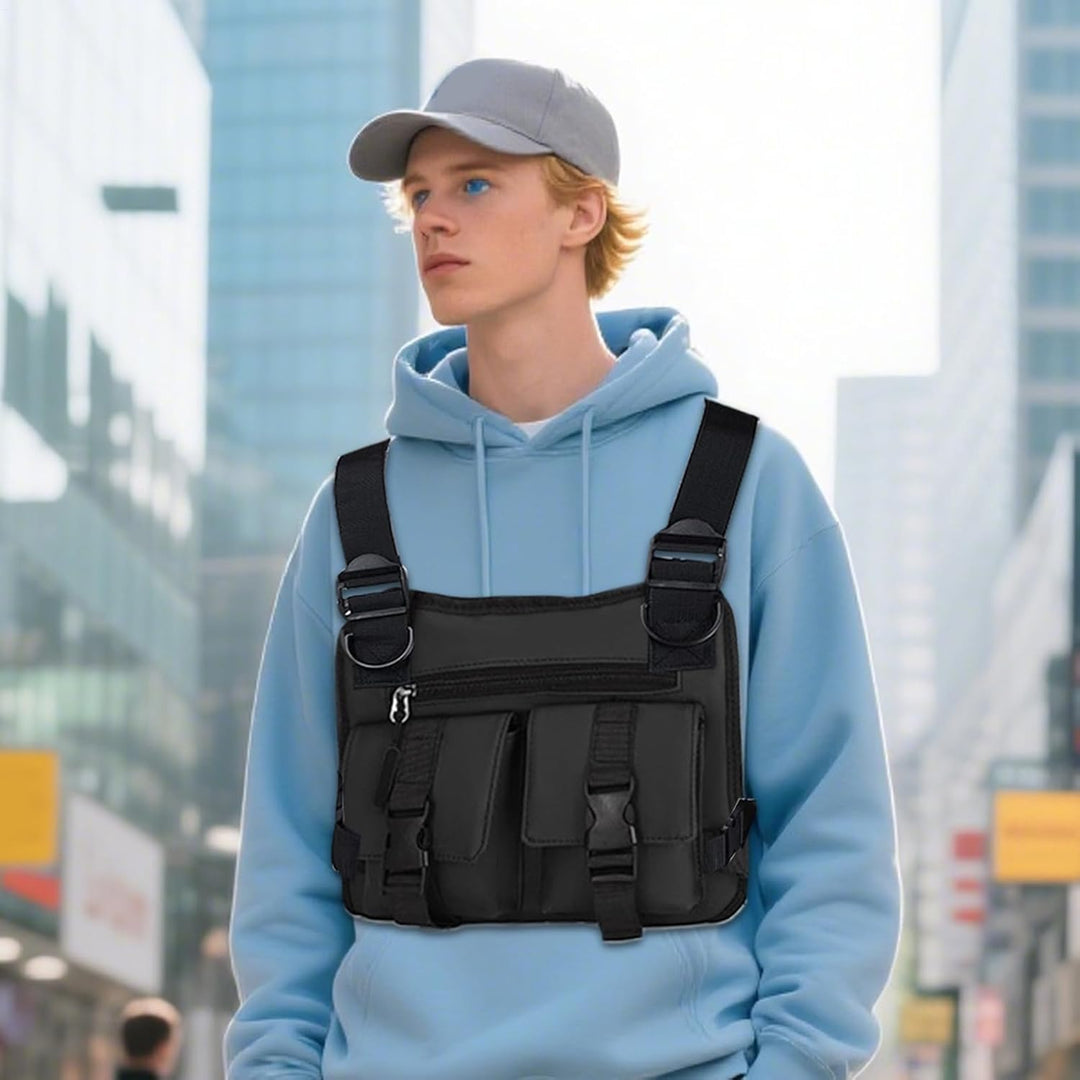 Blauw multifunctioneel hardloopvest heren, verstelbaar voor comfortabel hardlopen.