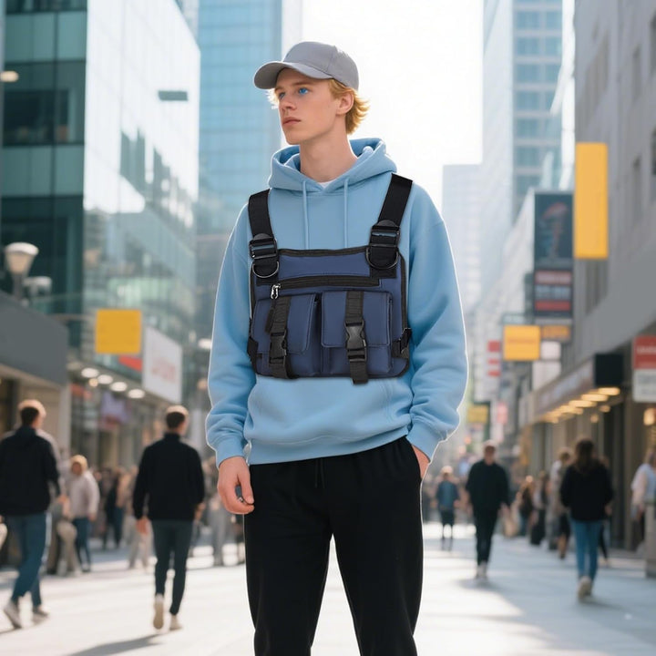 Verstelbaar heren sportvest blauw, Oxfordstof, voor hardlopen en diverse sporten.