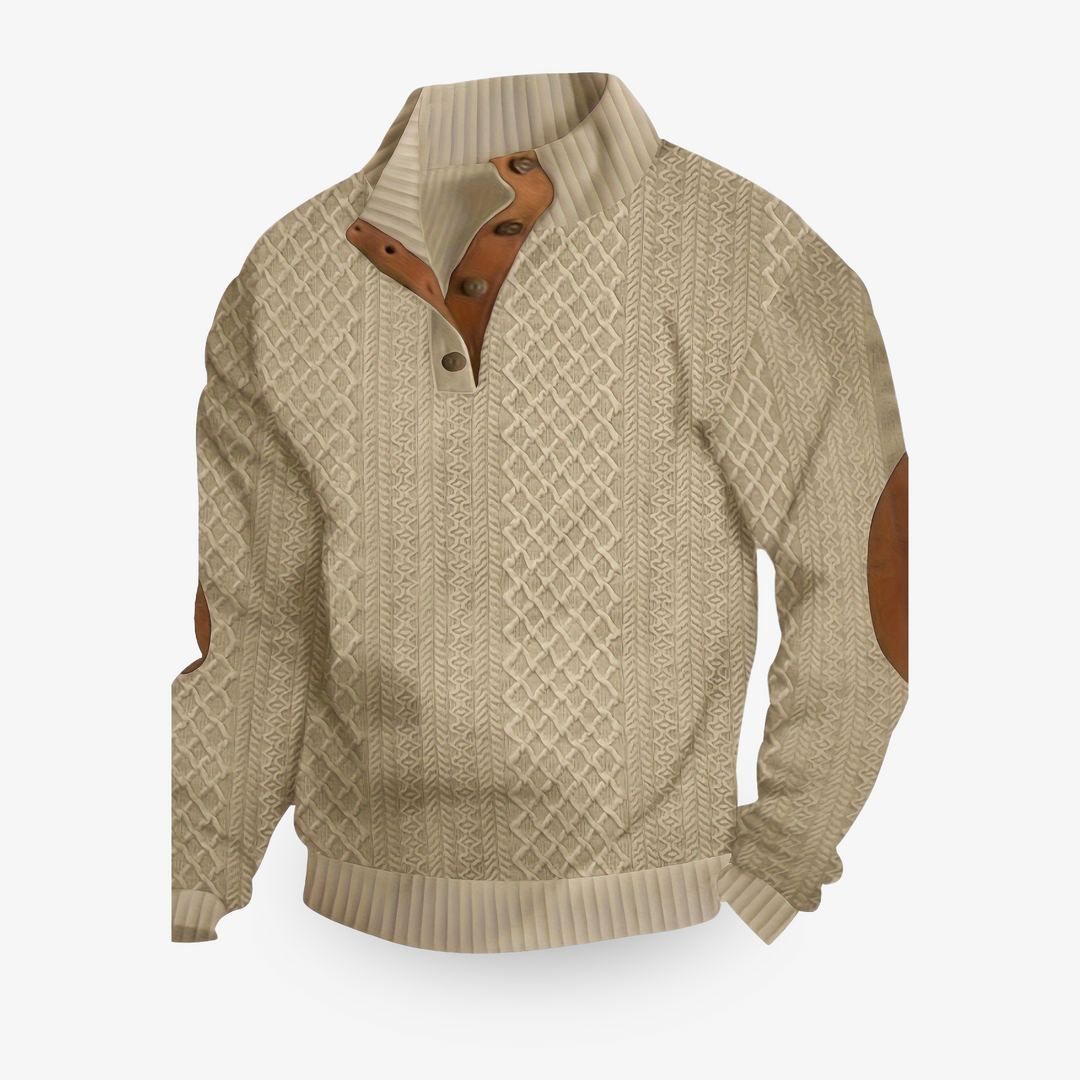 Heren luxe kabeltrui met elleboogstukken. Stijlvolle gebreide trui voor comfort en warmte.