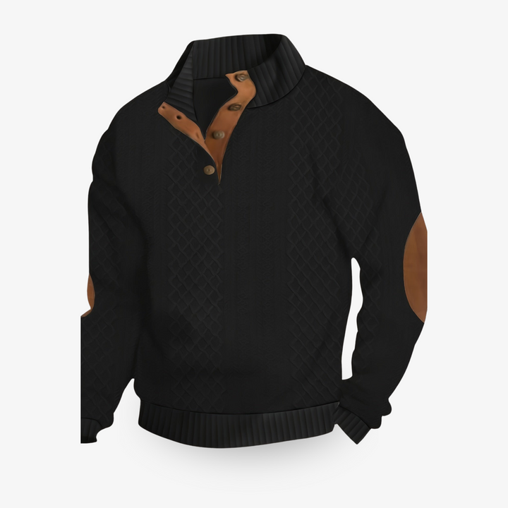 Warme heren trui met elegant kabelpatroon en suède elleboogstukken. Comfortabele mannenmode.