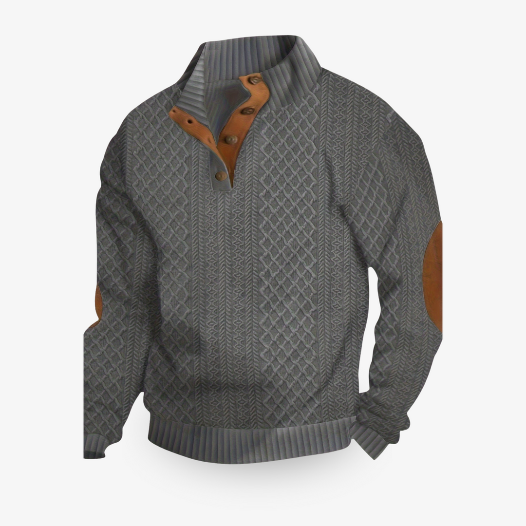 Winterse heren kabeltrui met lederlook elleboogstukken. Een comfortabele en luxe toevoeging aan je outfit.