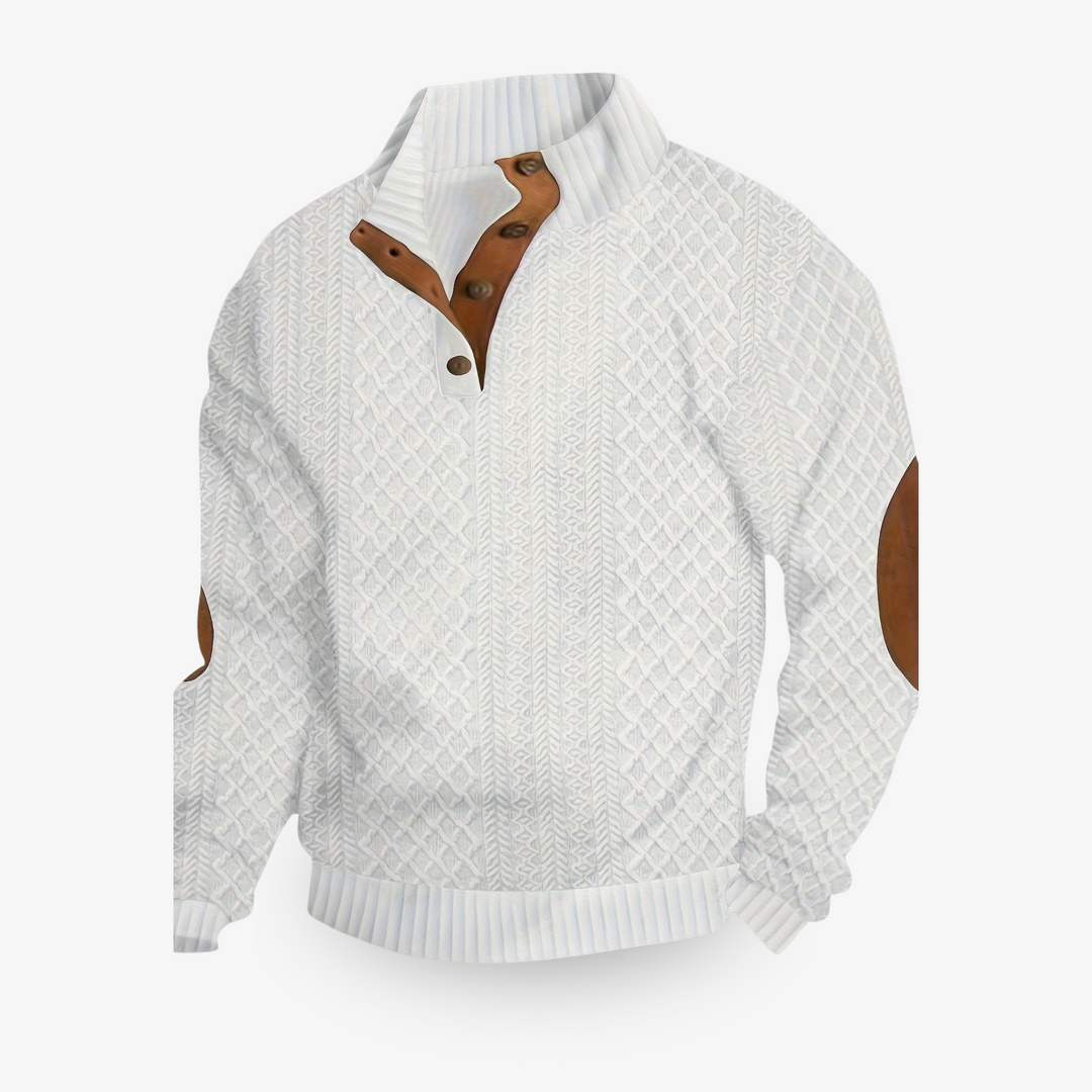 Comfortabele luxe herentrui met traditioneel kabelpatroon en stijlvolle elleboogstukken. Warme mannenmode.
