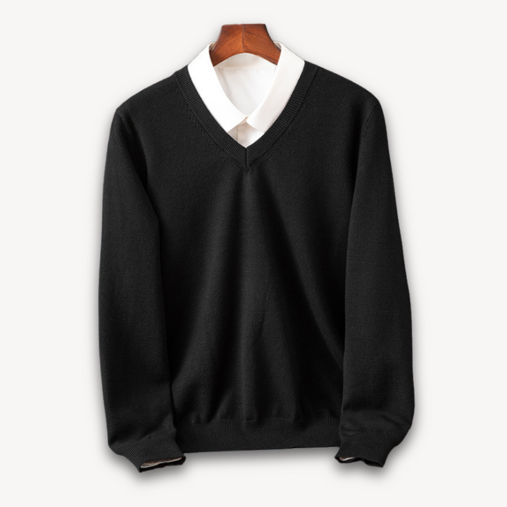 Heren luxe kasjmier V-hals trui in klassieke kleur, warm en zacht voor een stijlvolle look.