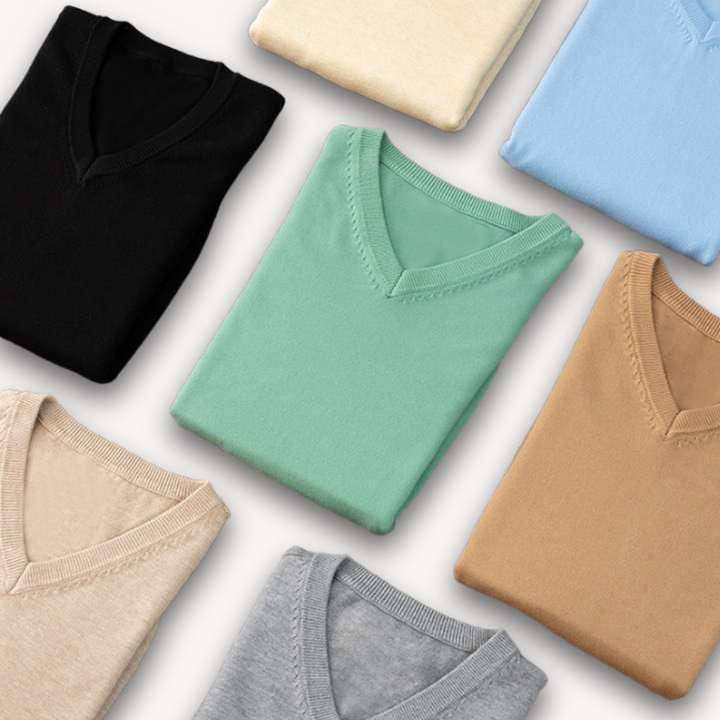 Luxe heren V-hals trui van premium kasjmier, warm zonder bulk, voor een gestroomlijnde look.