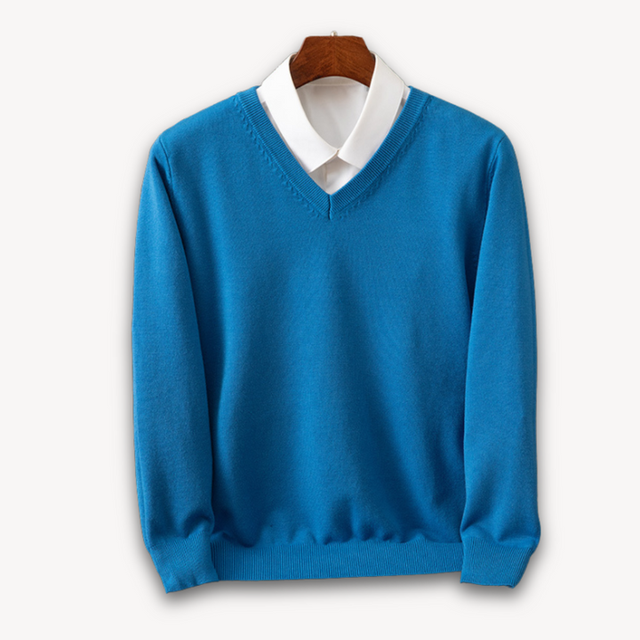 Elegante heren V-hals trui van 100% kasjmier, comfortabel en ademend, perfect voor elke gelegenheid.