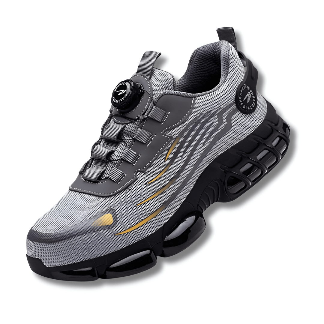 Robuuste achterkant van Orion orthopedische werkschoenen, grijs/zwart, met extra enkelondersteuning voor heren.
