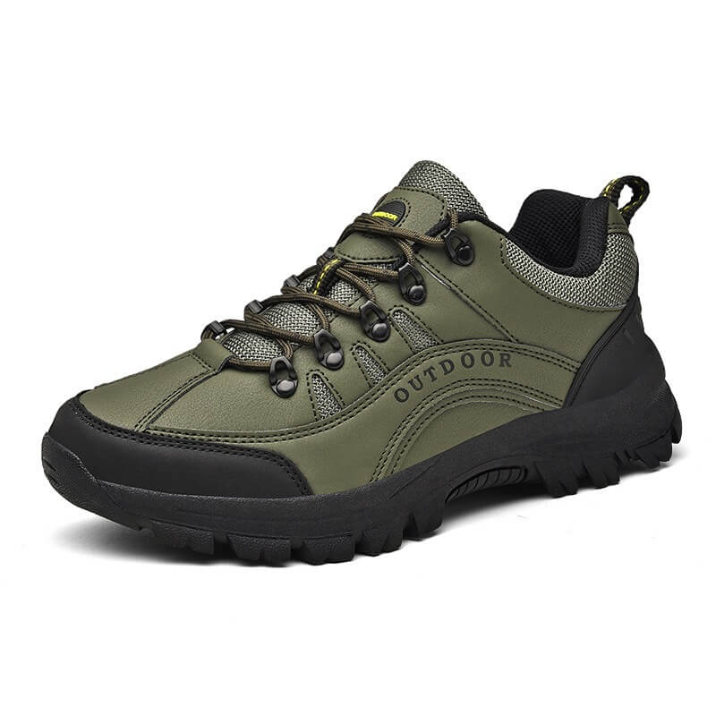 Beige heren outdoor schoenen met ergonomische steunzolen, bieden pijnverlichting en voetcomfort bij wandelen.