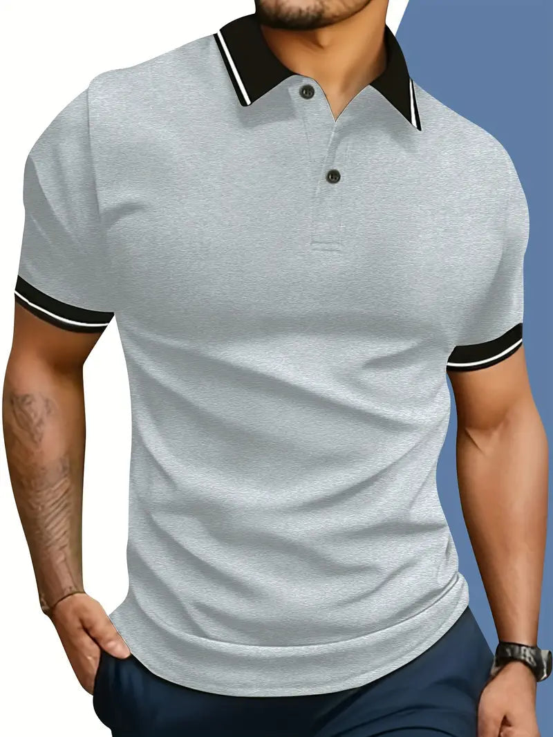 Detail van heren poloshirt kraag met stijlvolle contrasterende bies en knoopsluiting.