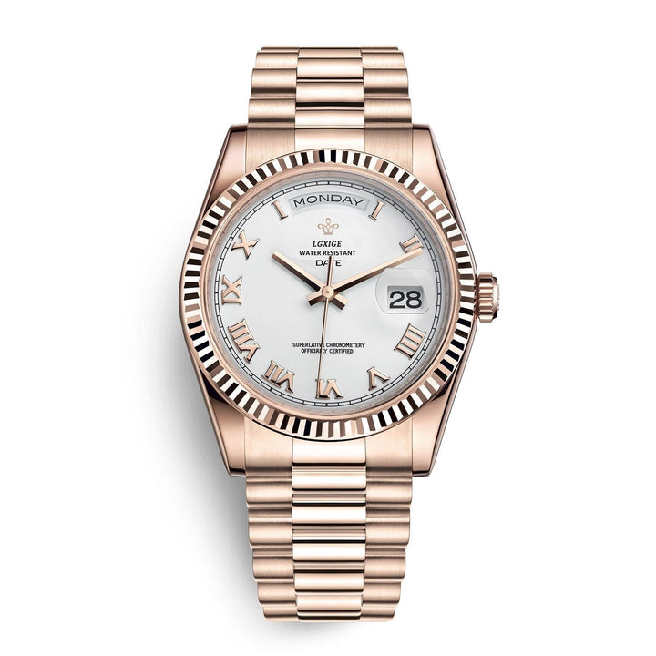 Heren premium automatisch horloge met dag- en datumfunctie, van edelstaal.