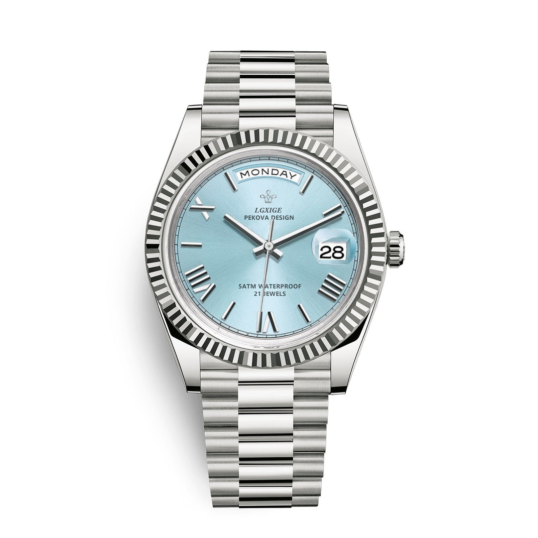 Automatisch herenhorloge Solan: tijdloos, edelstaal, dag- en datumfunctie, elegant en robuust.