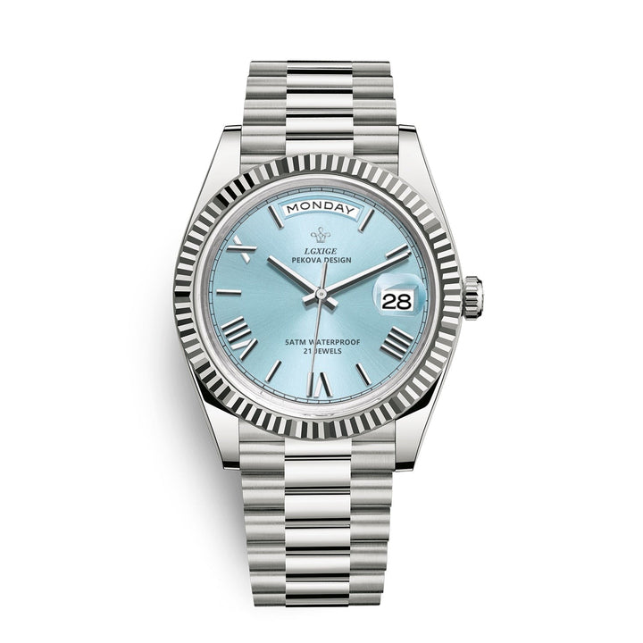 Automatisch herenhorloge Solan: tijdloos, edelstaal, dag- en datumfunctie, elegant en robuust.