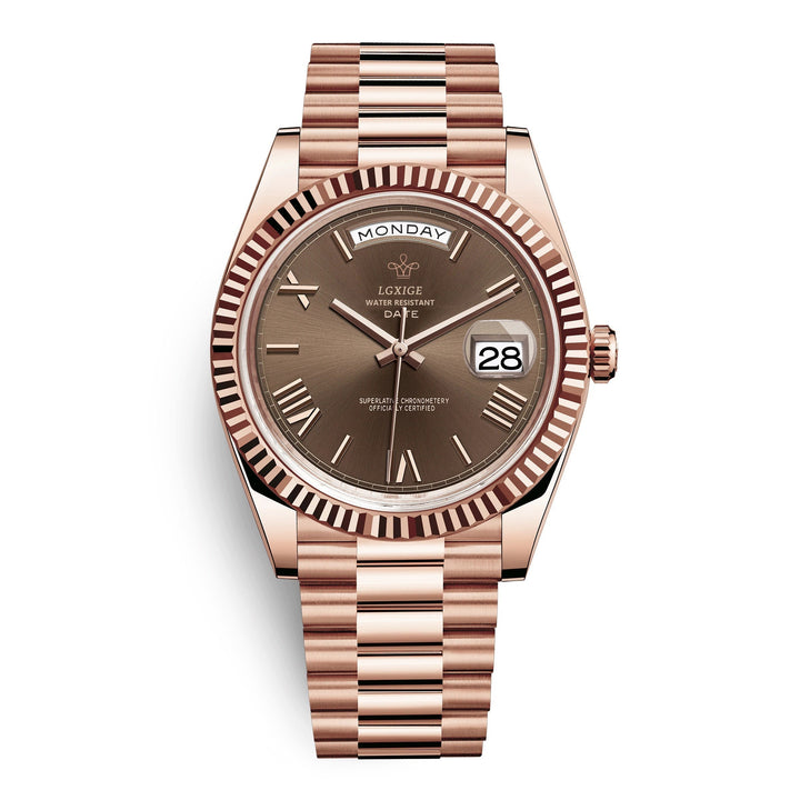 Elegant automatisch herenhorloge van edelstaal met dag- en datumweergave, tijdloos design.