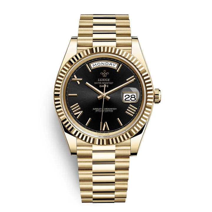 Automatisch herenhorloge met dag- en datumweergave, edelstalen kast, premium uurwerk.