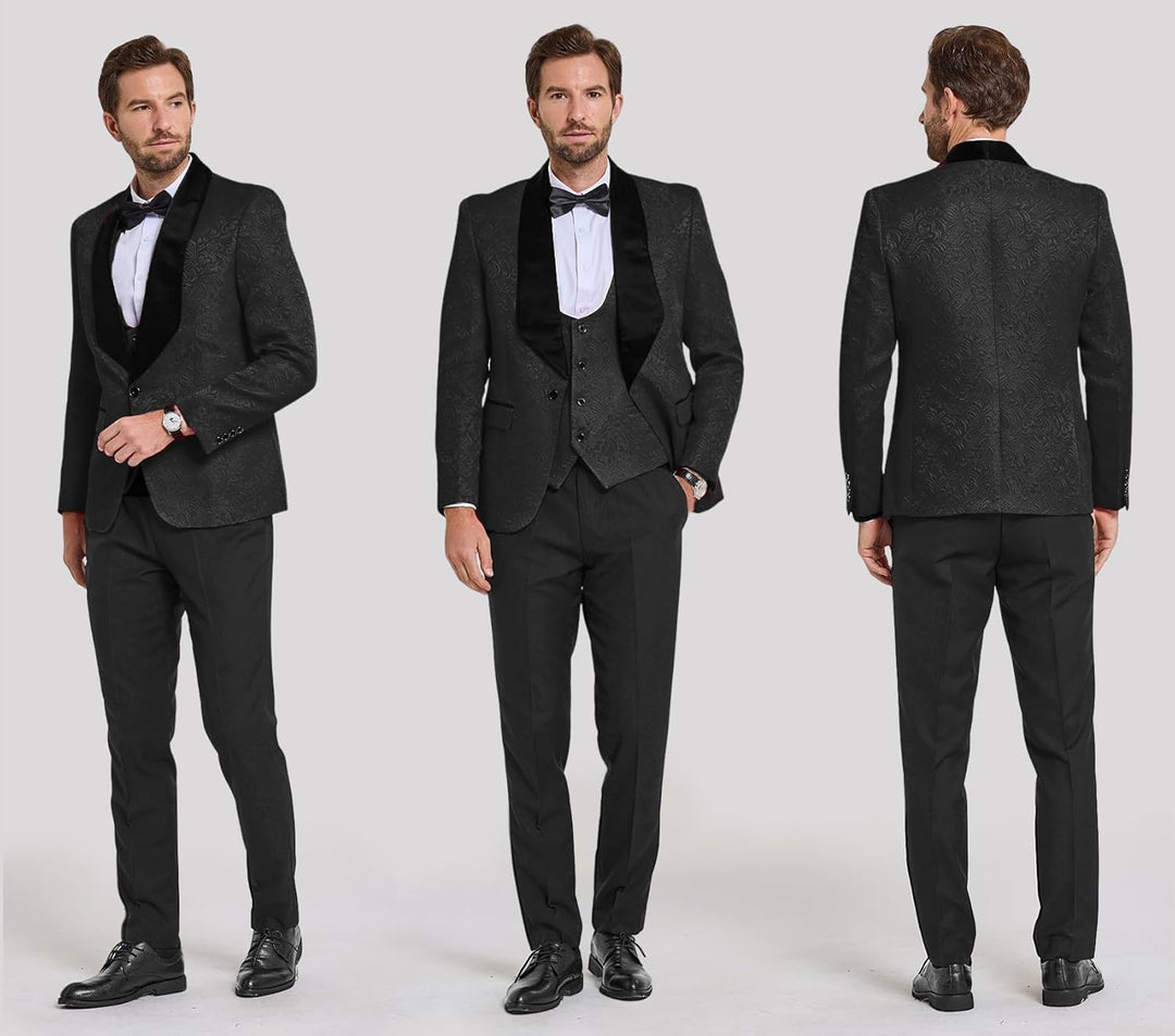 Formeel kostuum: zwarte heren smoking met tweeknoops en jacquard stof.