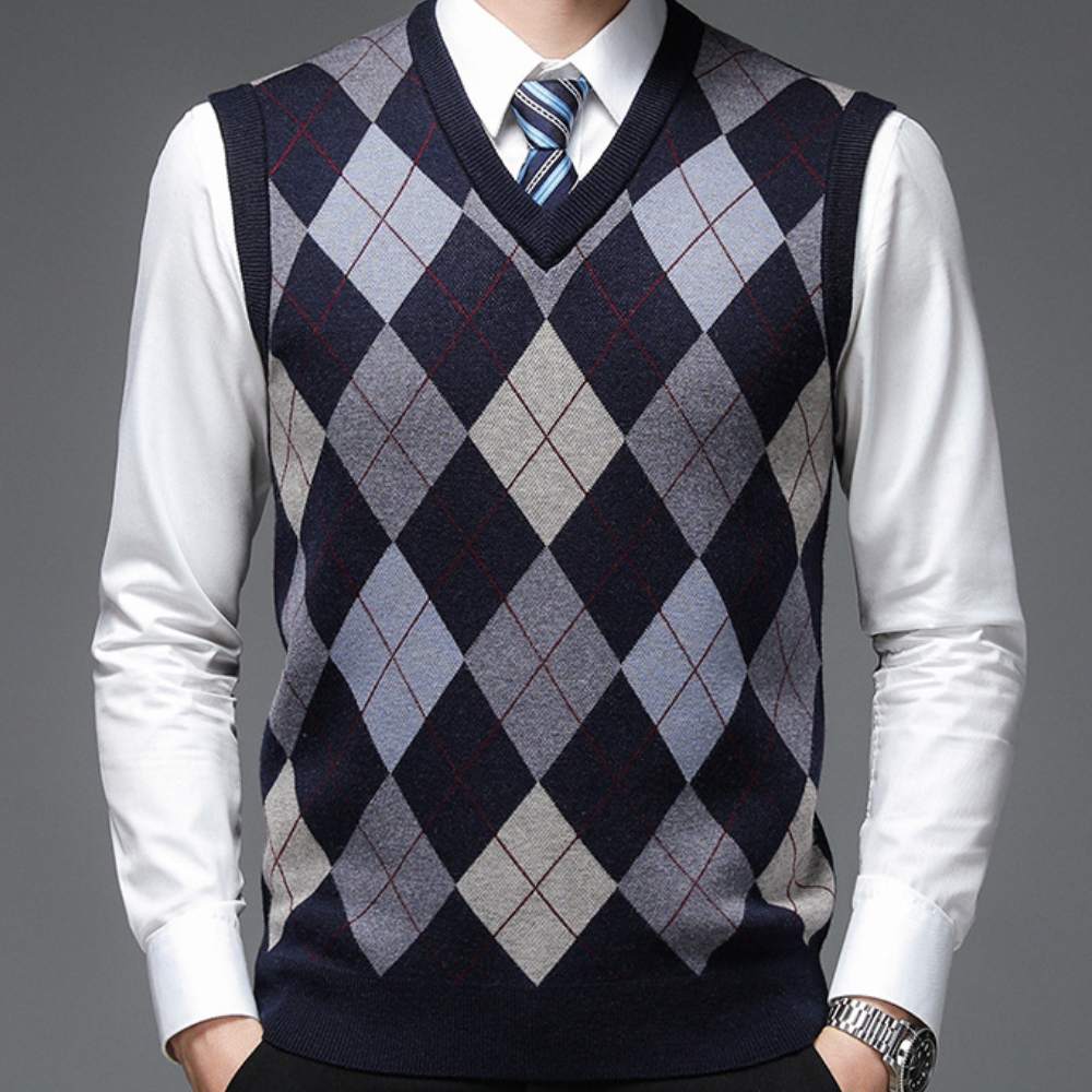 Detailopname van de Felix heren spencer met distinctief argyle-patroon en zachte textuur.
