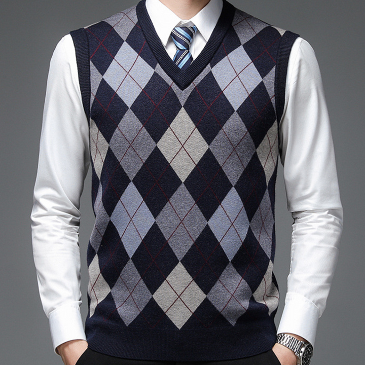 Detailopname van de Felix heren spencer met distinctief argyle-patroon en zachte textuur.
