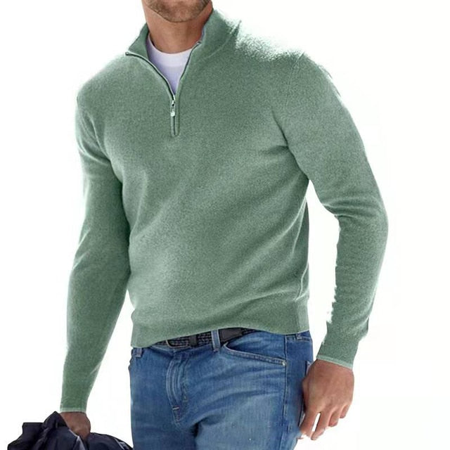 Heren V-hals trui met rits van Luca Belloni, gemaakt van zacht Merino wol, in moderne pasvorm.