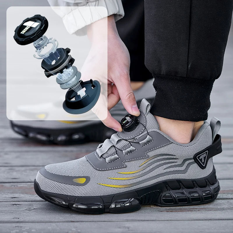 Ademende heren veiligheidssneakers met stalen neus en comfortabele pasvorm voor lange werkdagen.