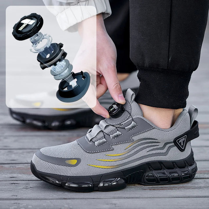 Ademende heren veiligheidssneakers met stalen neus en comfortabele pasvorm voor lange werkdagen.