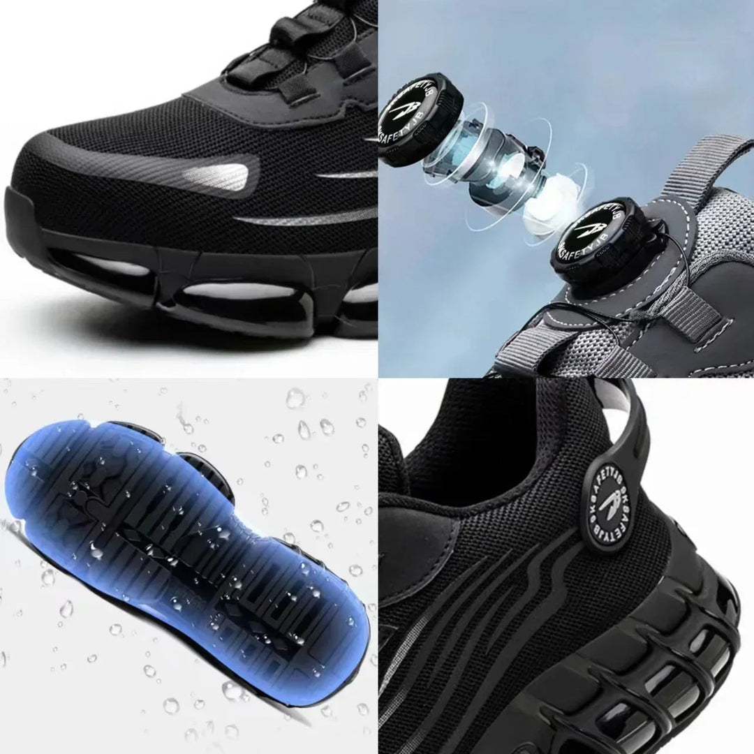 Heren veiligheidssneakers gedragen met stalen neus en draaisluiting, geschikt voor zware werkomstandigheden.