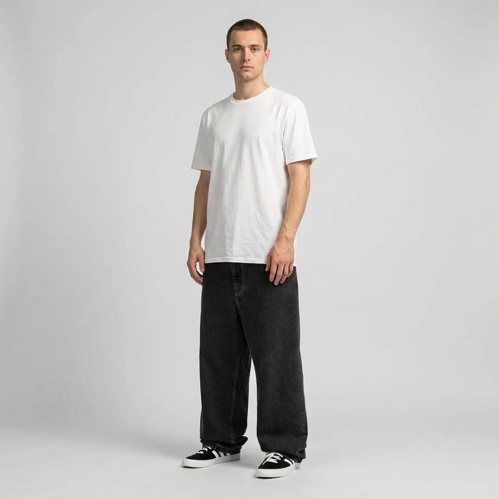 Comfortabele herenbroek, losse pasvorm, trendy baggy wijde pijpen voor een authentieke skater look.