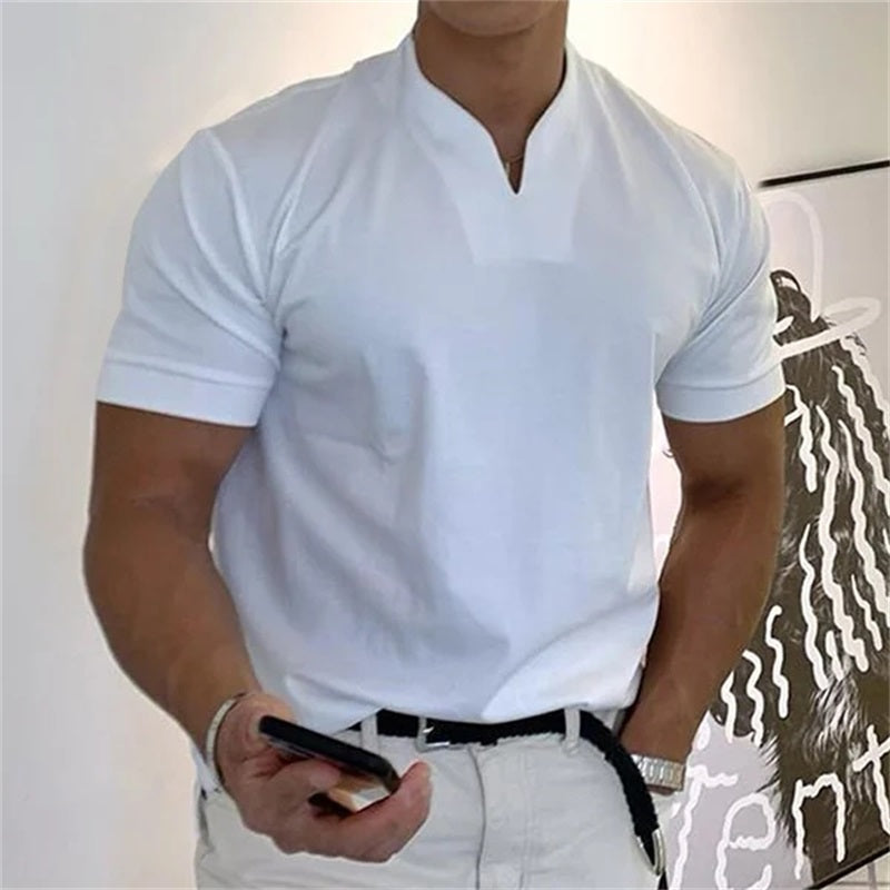 Heren zakelijk T-shirt met korte mouwen, casual en modieus, voorkant, elegante V-hals, ademend materiaal.
