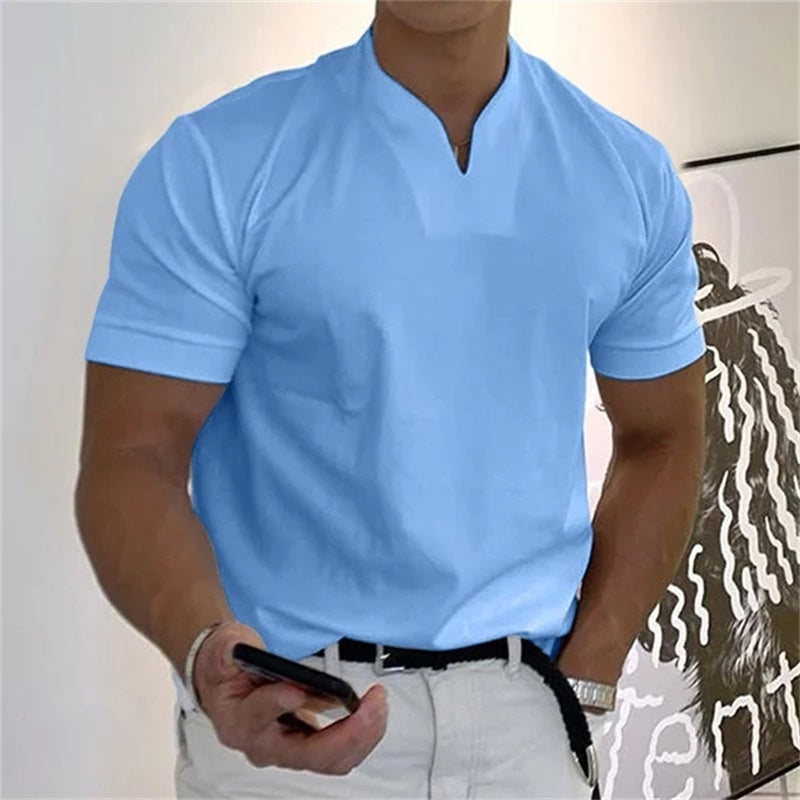Heren zakelijk T-shirt met korte mouwen, casual en modieus, voorkant, elegante V-hals, ademend materiaal.