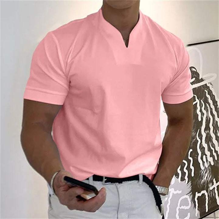 Heren zakelijk T-shirt met korte mouwen, casual en modieus, voorkant, elegante V-hals, ademend materiaal.