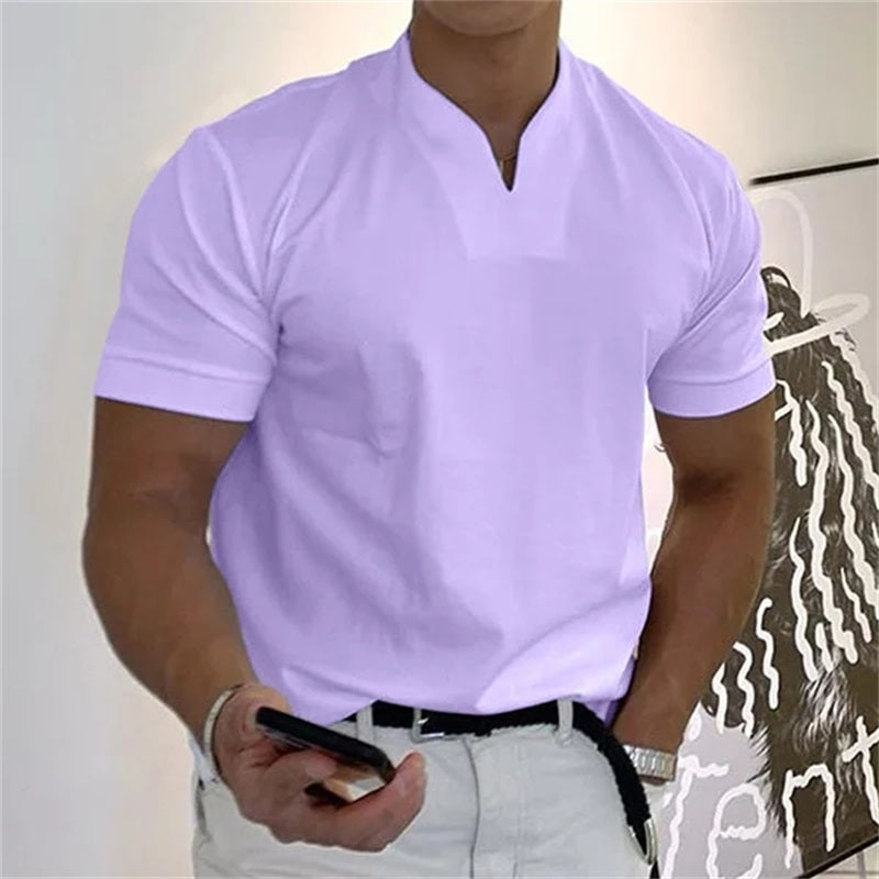 Heren zakelijk T-shirt met korte mouwen, casual en modieus, voorkant, elegante V-hals, ademend materiaal.