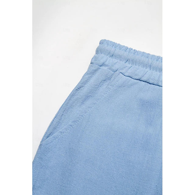 Heren cargo linnen shorts, effen kleur, elastische tailleband, trekkoord, zijzakken, ademend materiaal voor de zomer