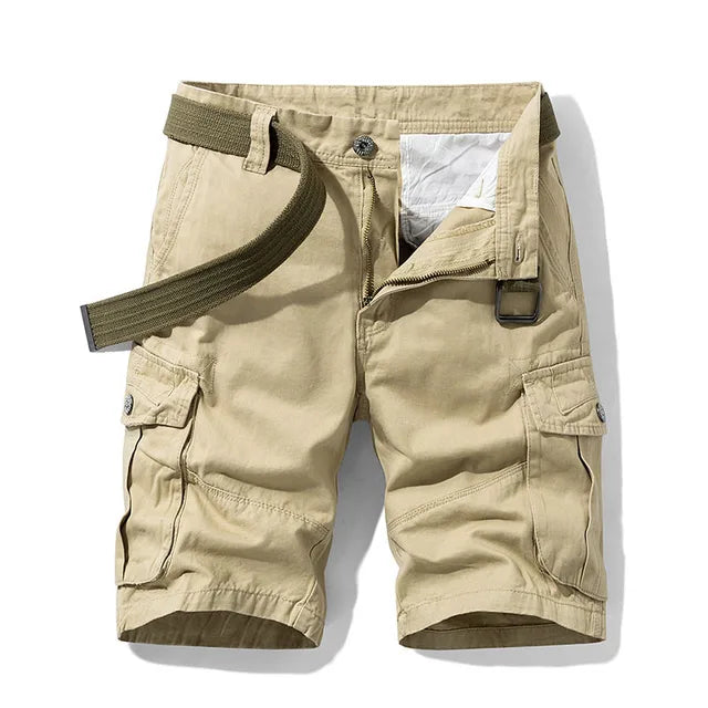 Heren cargo shorts van stevig katoen, kaki, met meerdere handige zakken voor buiten en dagelijks gebruik.