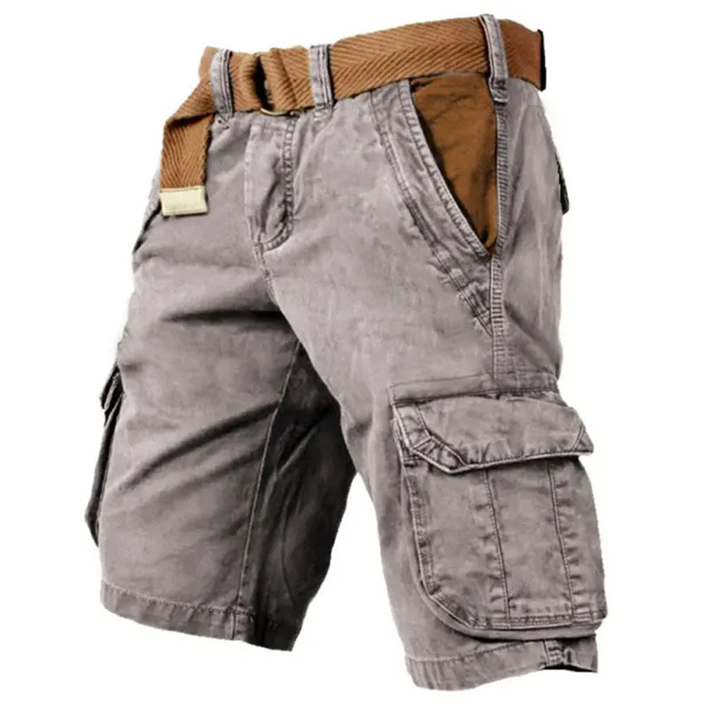 Heren cargo shorts, vintage stijl, beige, met ruime zakken, gemaakt van 100% katoen, comfortabel en ademend voor de zomer.