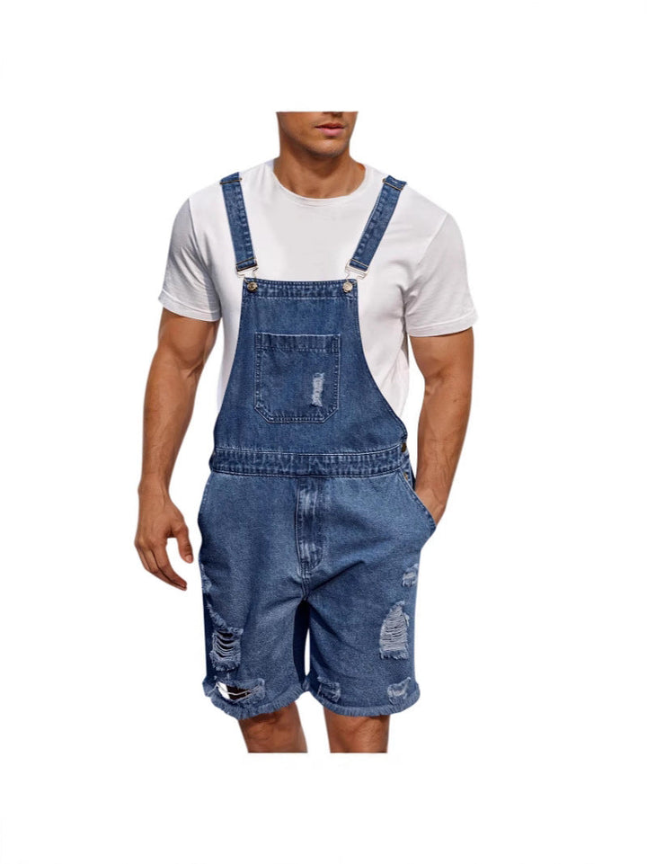 Heren denim tuinbroek met distressed look, verstelbare bandjes, vooraanzicht, modieus en comfortabel.