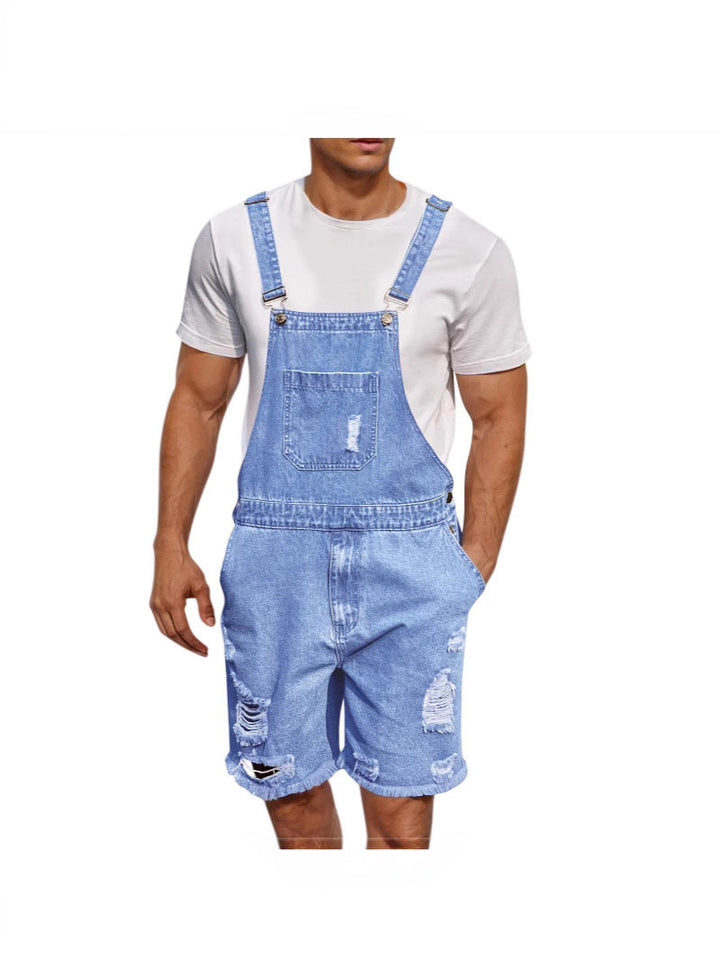 Heren denim tuinbroek met distressed look, verstelbare bandjes, vooraanzicht, modieus en comfortabel.