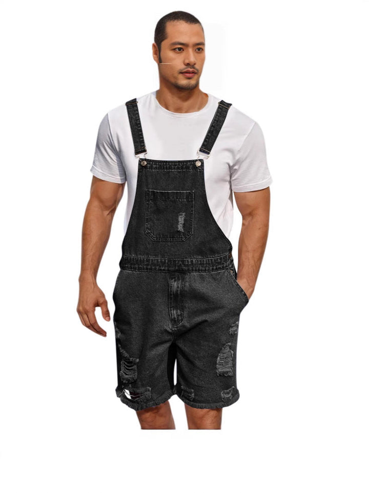 Heren denim tuinbroek met distressed look, verstelbare bandjes, vooraanzicht, modieus en comfortabel.