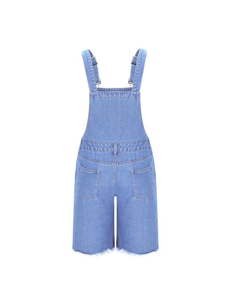Heren denim tuinbroek met distressed look, verstelbare bandjes, vooraanzicht, modieus en comfortabel.