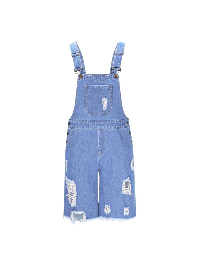 Heren denim tuinbroek met distressed look, verstelbare bandjes, vooraanzicht, modieus en comfortabel.