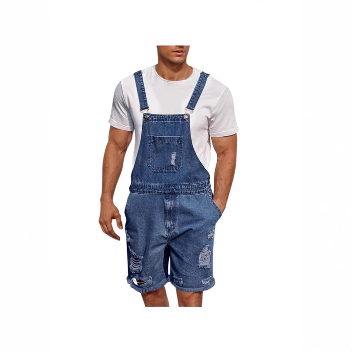 Heren denim tuinbroek met distressed look, verstelbare bandjes, vooraanzicht, modieus en comfortabel.