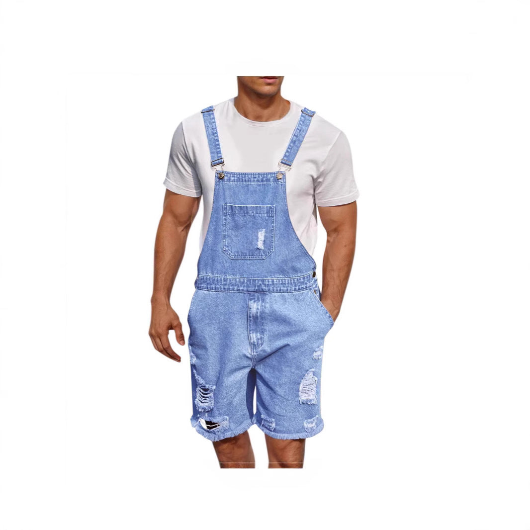 Heren denim tuinbroek met distressed look, verstelbare bandjes, vooraanzicht, modieus en comfortabel.