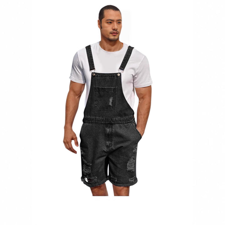 Heren denim tuinbroek met distressed look, verstelbare bandjes, vooraanzicht, modieus en comfortabel.