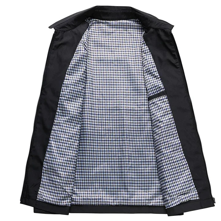 Heren lentejas in blauw, waterafstotend met moderne opstaande kraag, geschikt voor zowel zakelijke als casual looks.