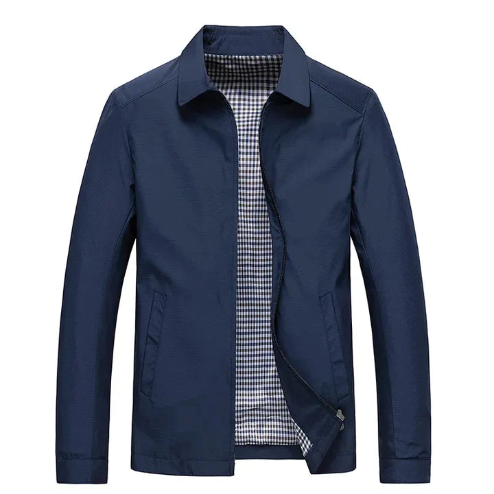 Heren lentejas in blauw, waterafstotend met moderne opstaande kraag, geschikt voor zowel zakelijke als casual looks.